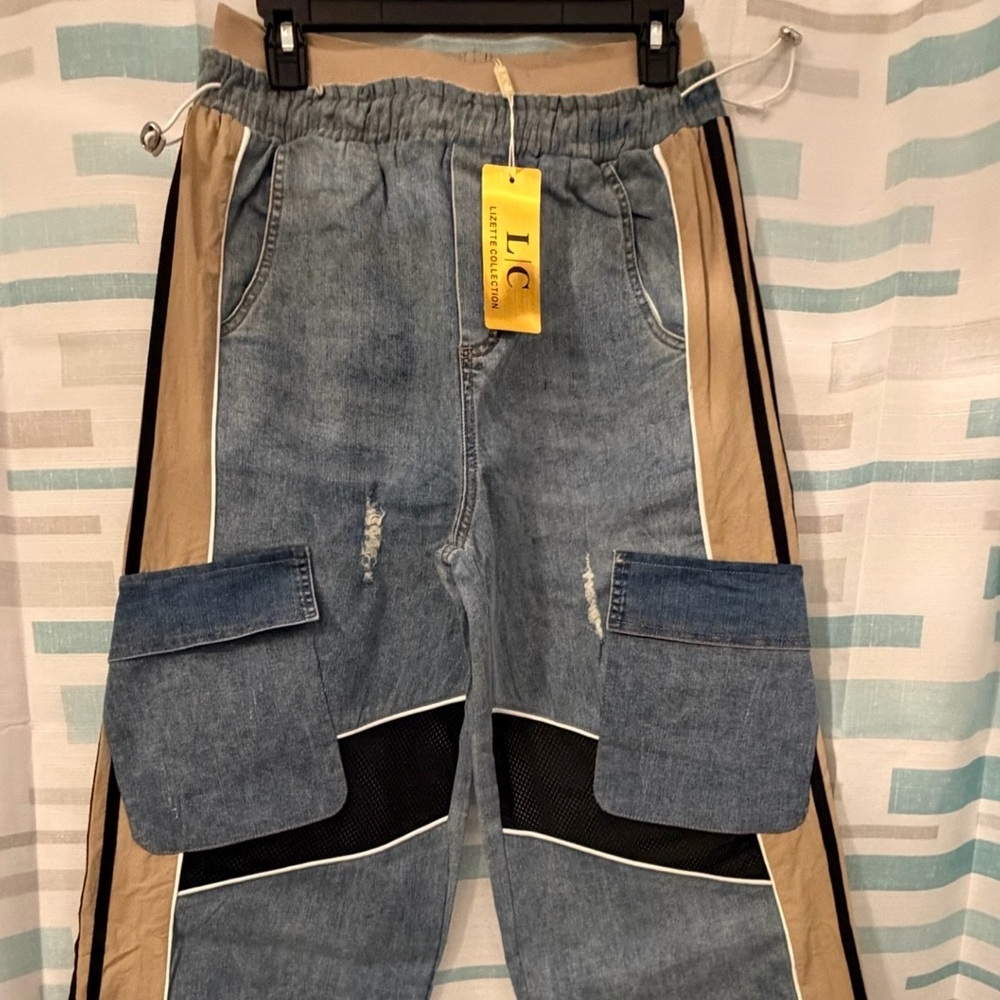 Women's Straight Leg Jeans - Blue and Tan